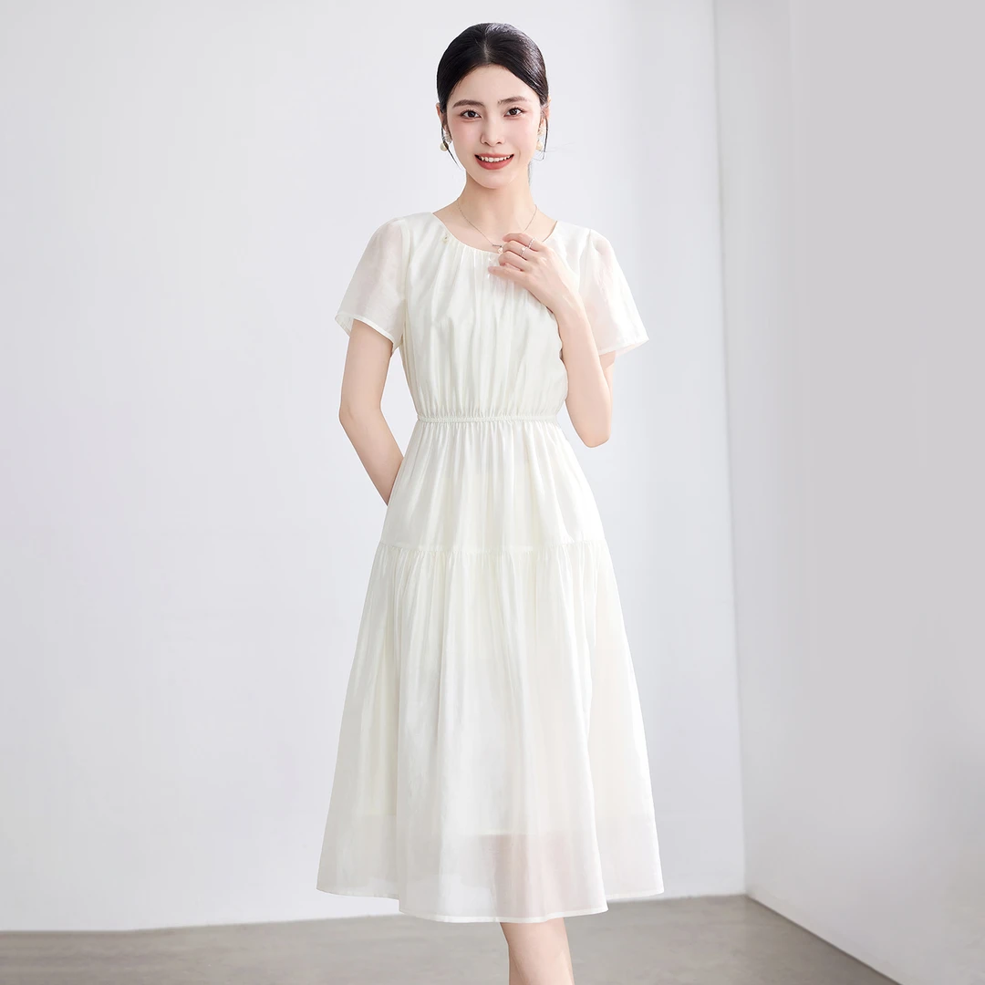 夏季新款收腰显瘦长款法式气质优雅过膝连衣裙60300