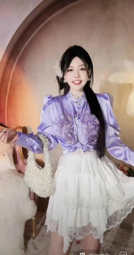 【崔】Z0194 法式立领白色长袖新款立体花朵亮片上衣洋气减龄衬衫