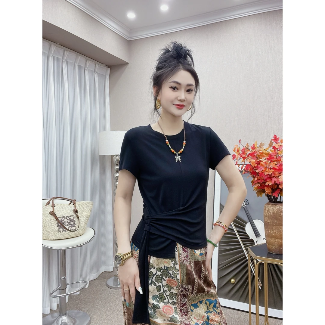 DESMAN【曼玉推荐】夏季新款女莱赛尔天丝简约正肩百搭气质上衣T恤