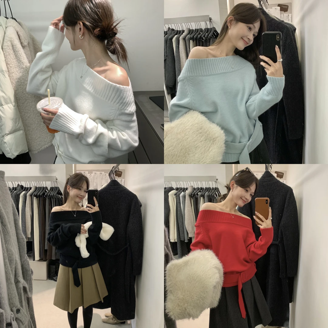 气质小女人〰️一字领斜肩两穿百搭款收腰保暖毛衣