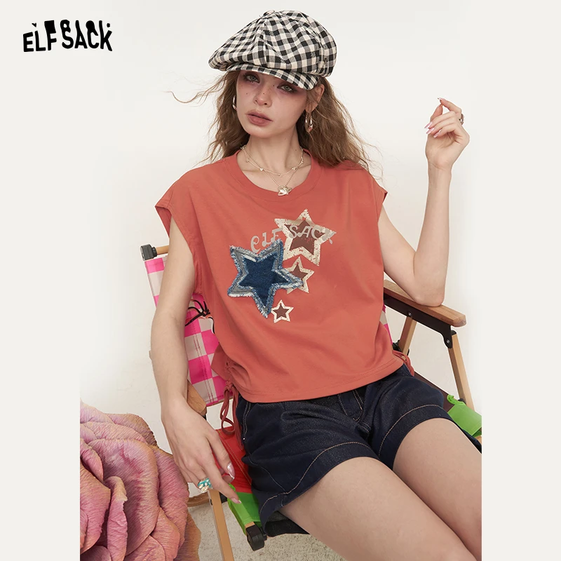 妖精的口袋复古牛仔星星无袖t恤女2025夏新款宽松休闲设计感上衣