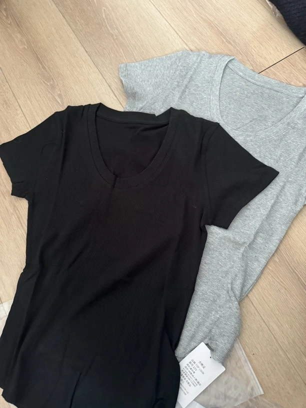 233华夫格修身版圆领短袖T恤上衣女