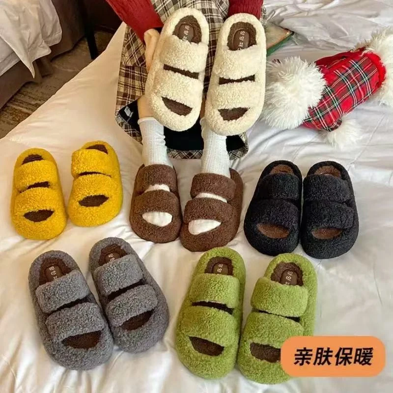 网红一字拖少女风冬季秋冬季薄款修面皮毛绒耐磨外穿KD54