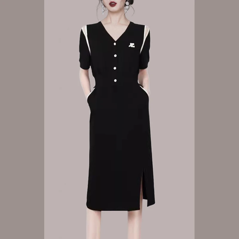 高端时髦收腰短袖连衣裙女2025夏休闲高级感v领修身开叉卫衣长裙