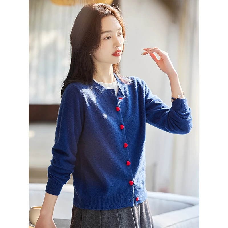 纯羊毛针织开衫女秋冬季气质长袖短款时尚百搭可爱风休闲圆领外套