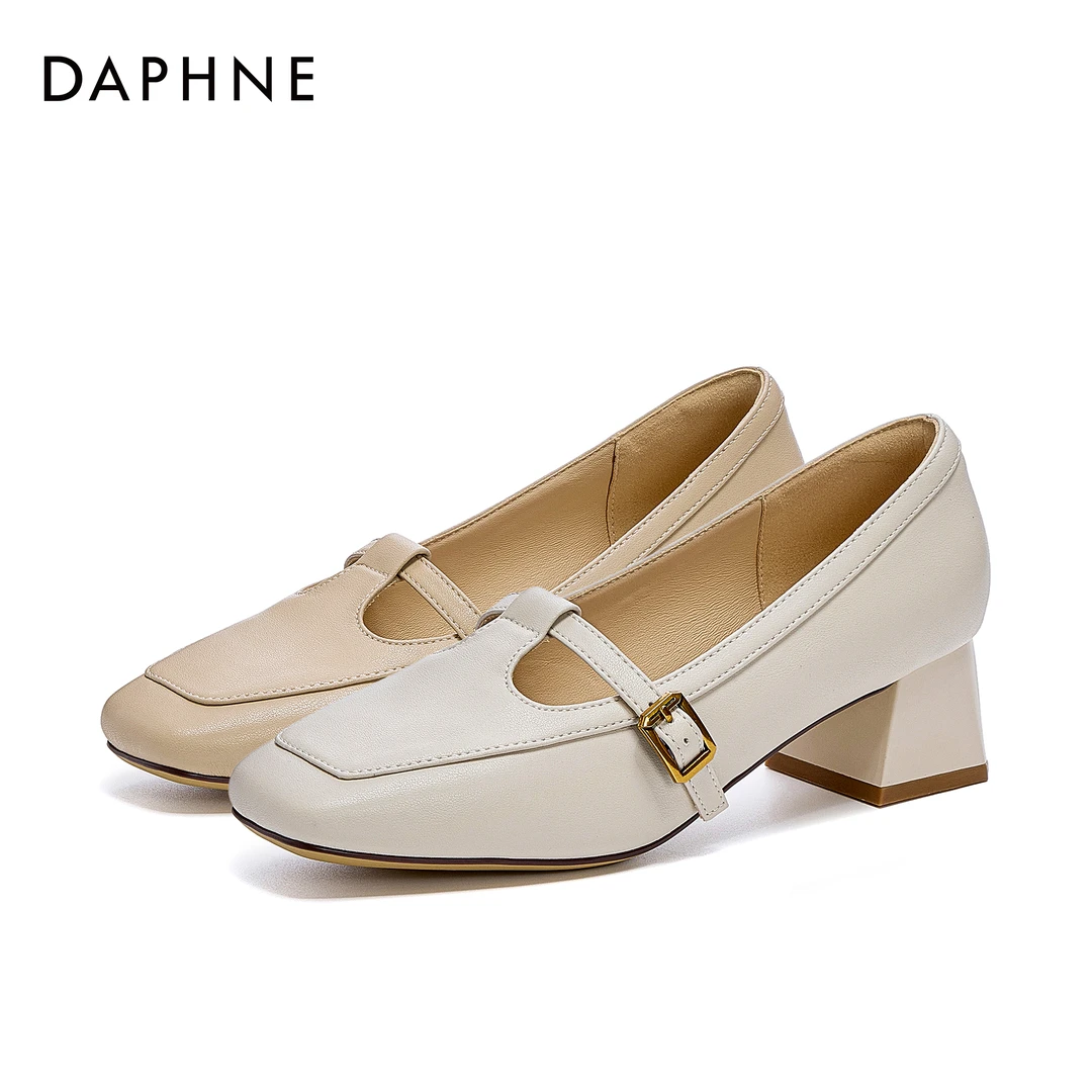 达芙妮2025时尚休闲百搭法式复古一字带舒适简约套脚浅口粗跟单鞋