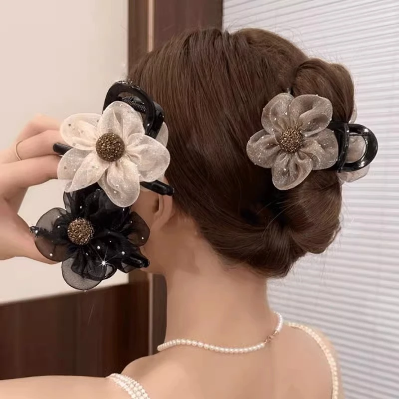 高级感水钻花朵抓夹女后脑勺盘发发夹气质头发夹子发卡半扎头饰..