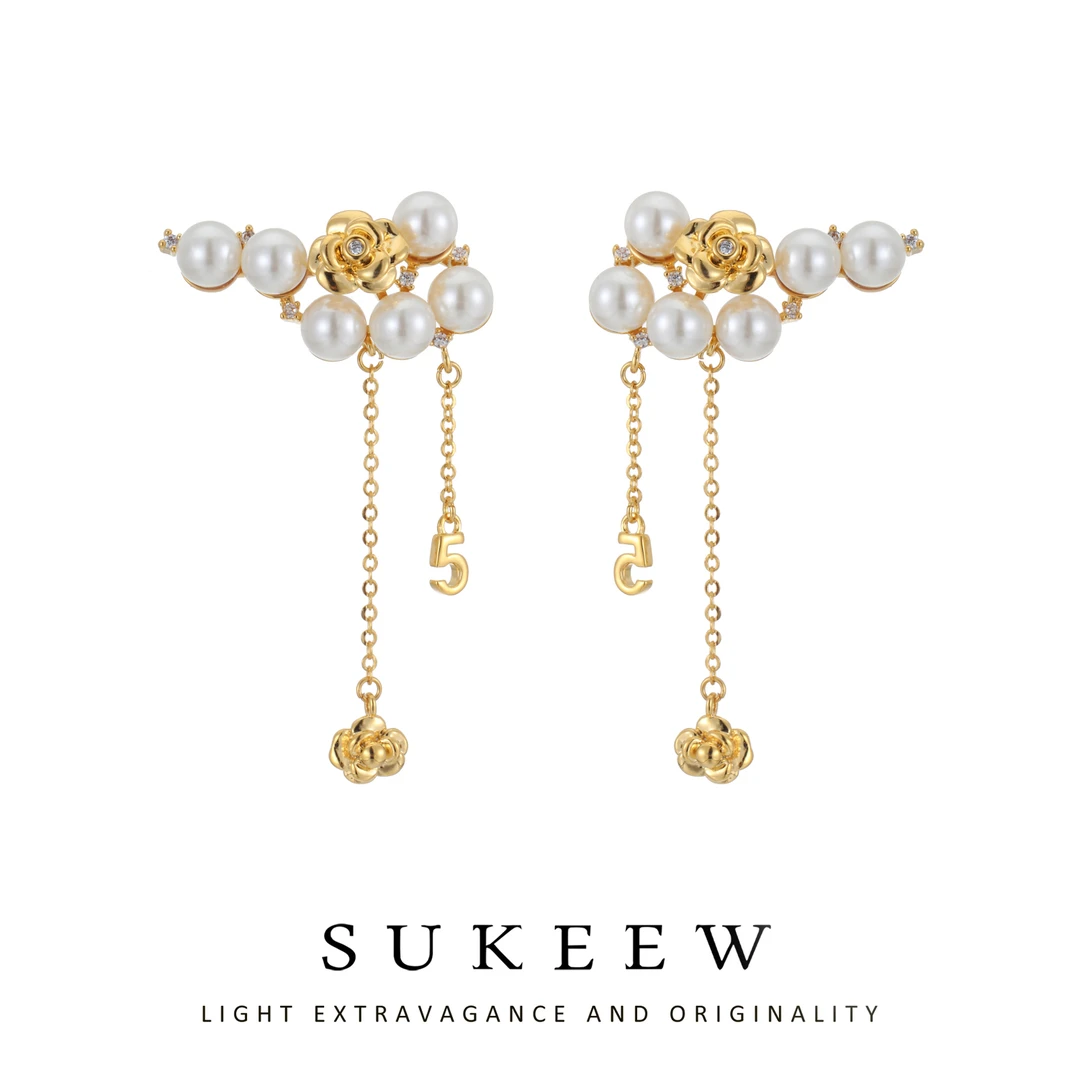 SUKEEW/酥可 镀k金 轻奢风珠珠花朵流苏耳环-766205