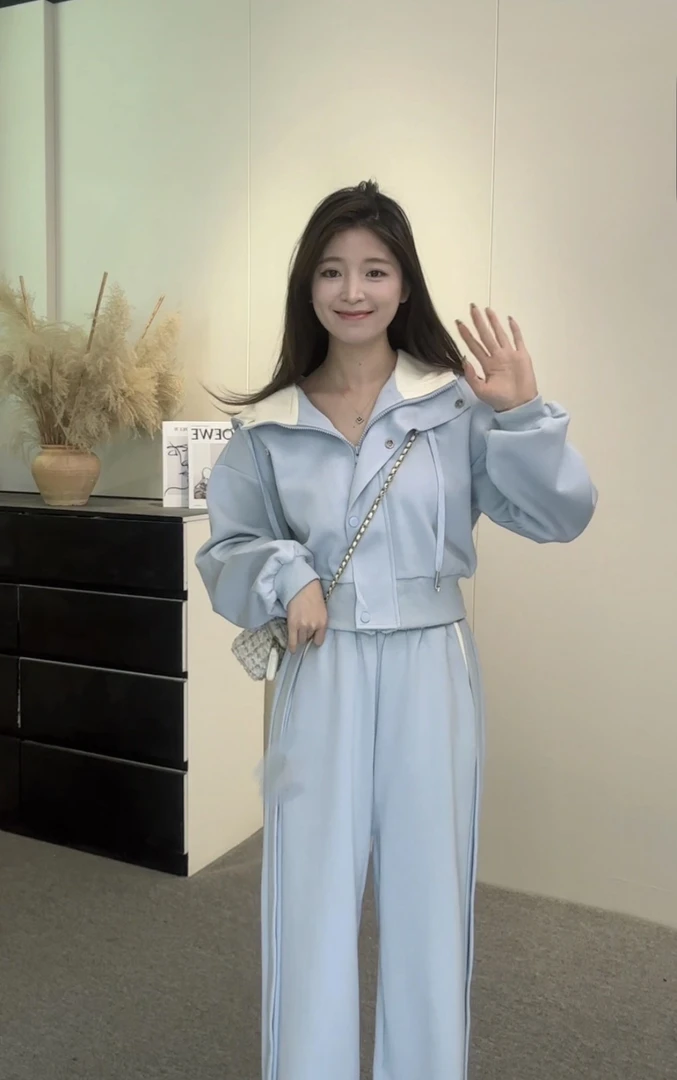 【贝利】2025春款新款连帽薄绒双头拉链卫衣宽松显瘦套装时尚套装