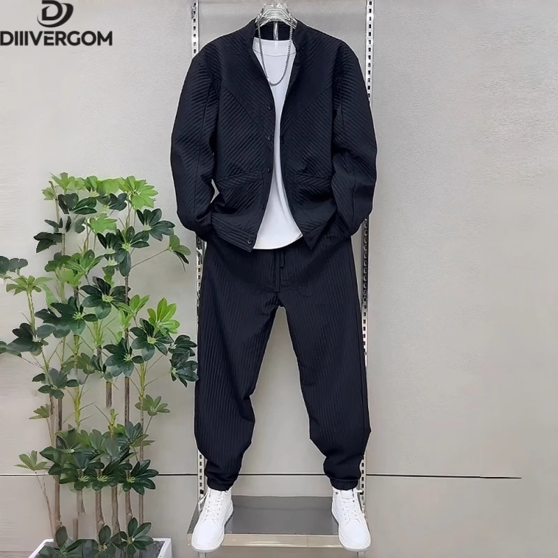 休闲简约立领夹克两件套男2025秋季韩版百搭潮流宽松纯色运动套装