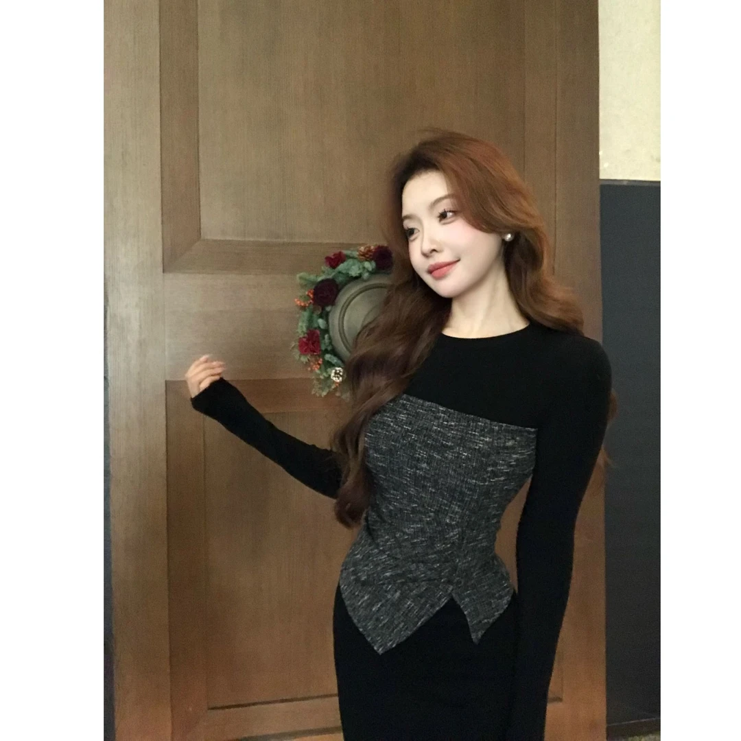 SZA【冬日恋曲】冬季新款假两件拼接长袖打底内搭针织衫A-2478