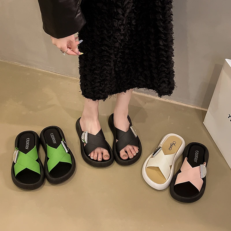 【几乐】2025新款半圆环扣彩色女生夏季平底时尚百搭外穿拖鞋