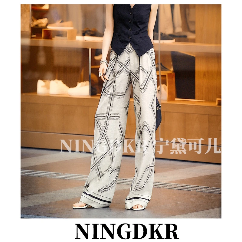 黛B40415气质简约线条印花窄版阔腿裤女显高直筒宽松休闲长裤子