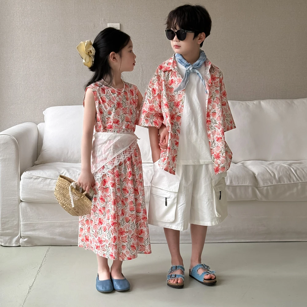 童衬衫2025夏季男童女童韩版彩色花朵无袖背心裙儿童翻领休闲衬衣