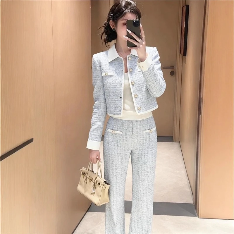 2025新款小香风蓝色翻领粗花呢短外套女千金风高级感温柔气质外套