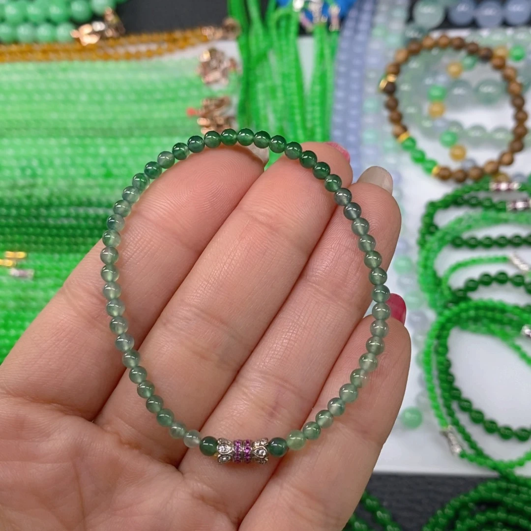 颈饰未镶嵌翡翠缅甸天然翡翠冰种飘花小米珠手链3.5