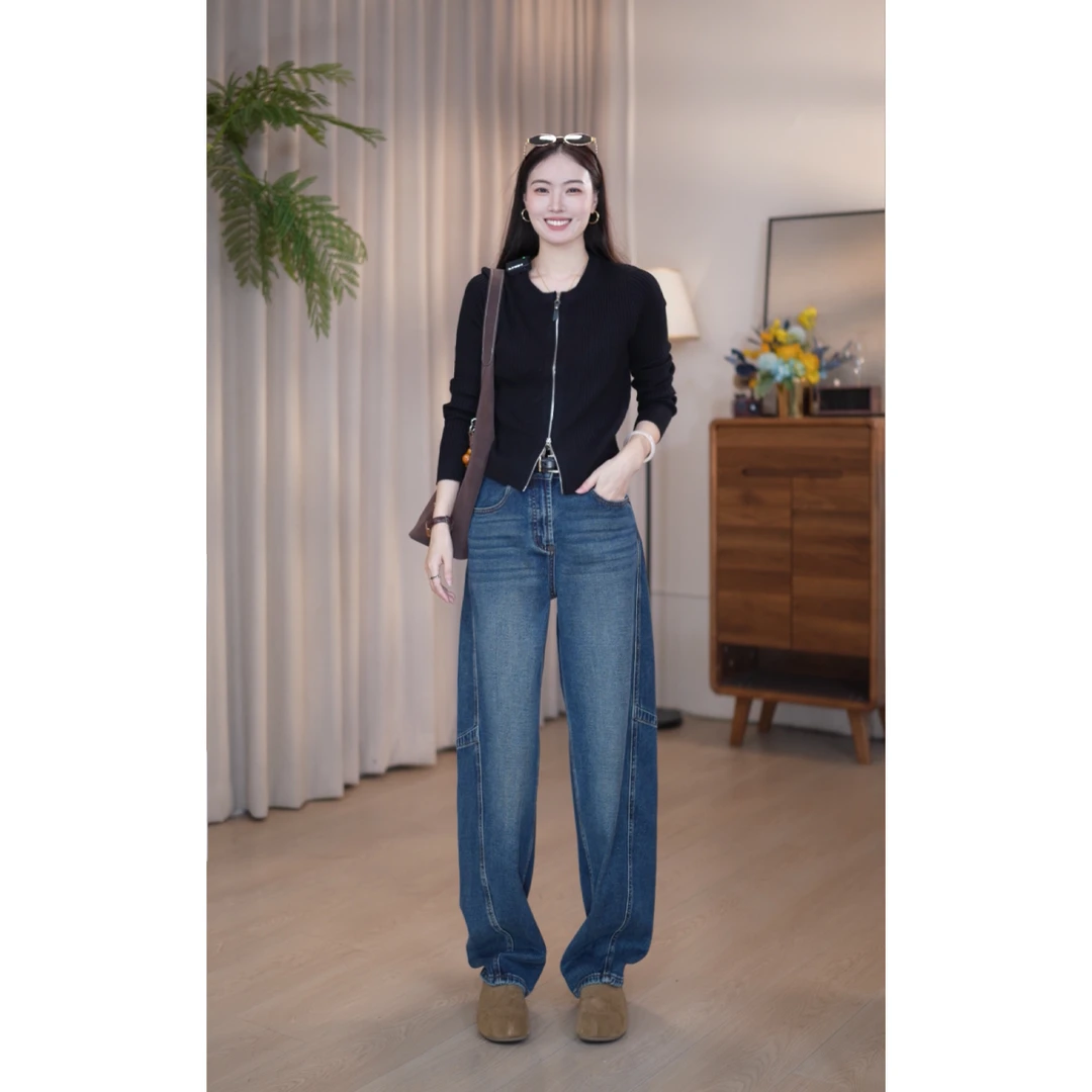 秋冬不掉色黑金丹宁色2025弯刀牛仔阔腿裤女高腰垂感显瘦宽松百搭