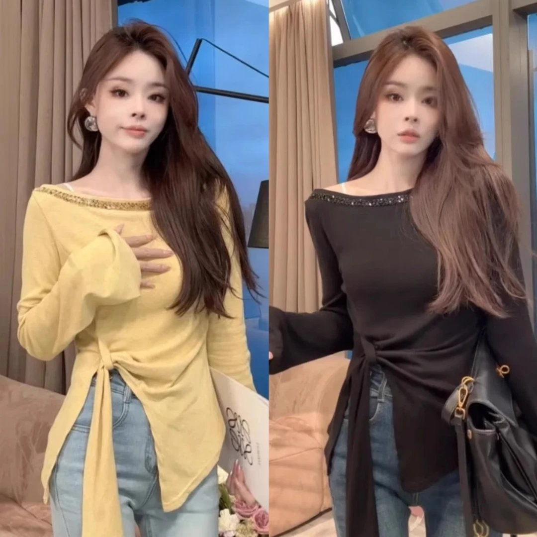 法式纯欲不规则一字肩绑带烫钻长袖T恤女春季风露肩显瘦打底上衣