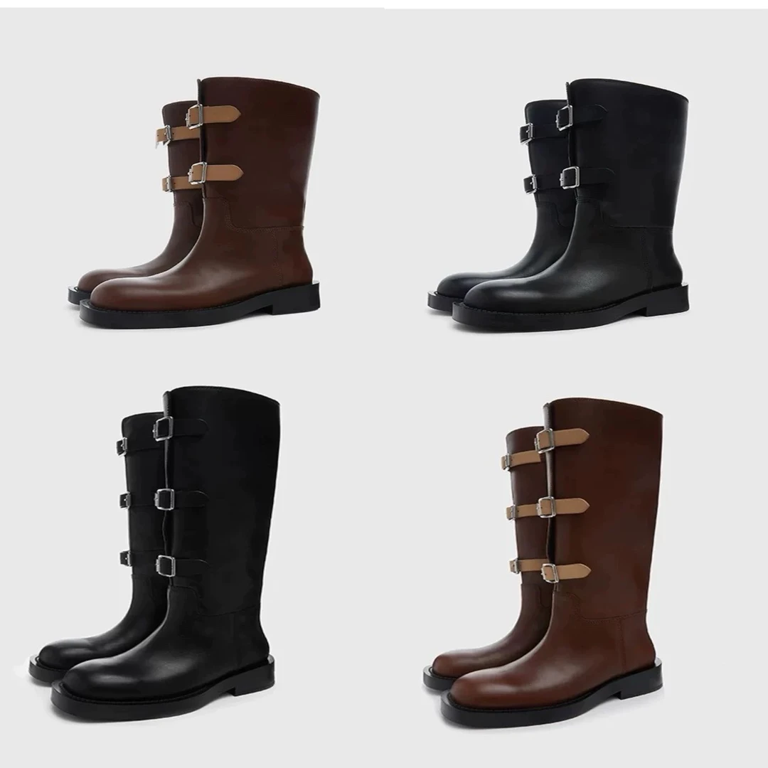特清！【长和短二款】复古百搭女式光面皮三搭袢长筒靴24秋冬新品