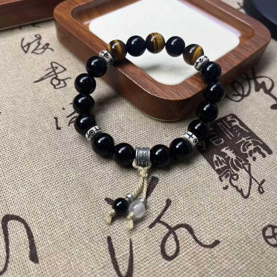 【因天之序】天然黑曜石DIY搭配虎眼石手串