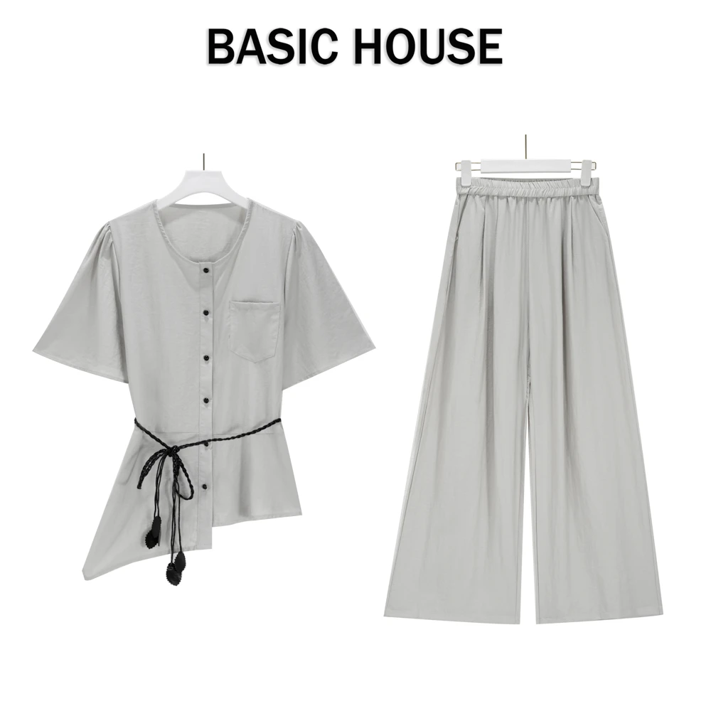 Basic House/百家好CSM法式设计感不规则上衣阔腿裤清冷风套装夏