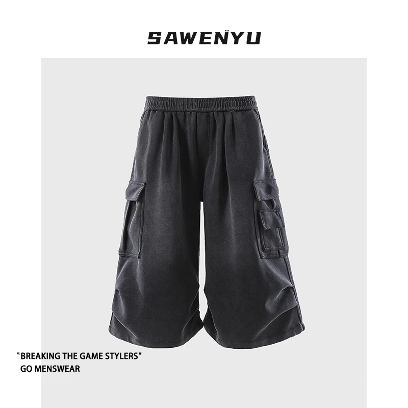 SAWENYU 美式水洗灰口袋工装七分短裤男女春夏潮流宽松直筒休闲裤