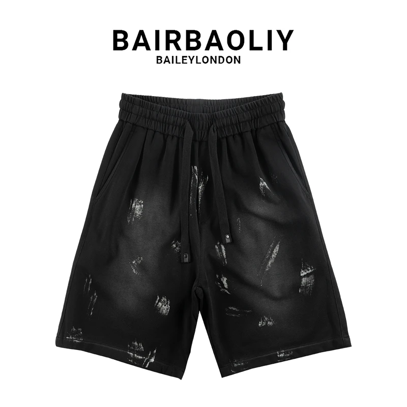 BAIRBAOLIY潮牌美式泼墨质感涂鸦短裤轻奢休闲百搭直筒五分短裤男