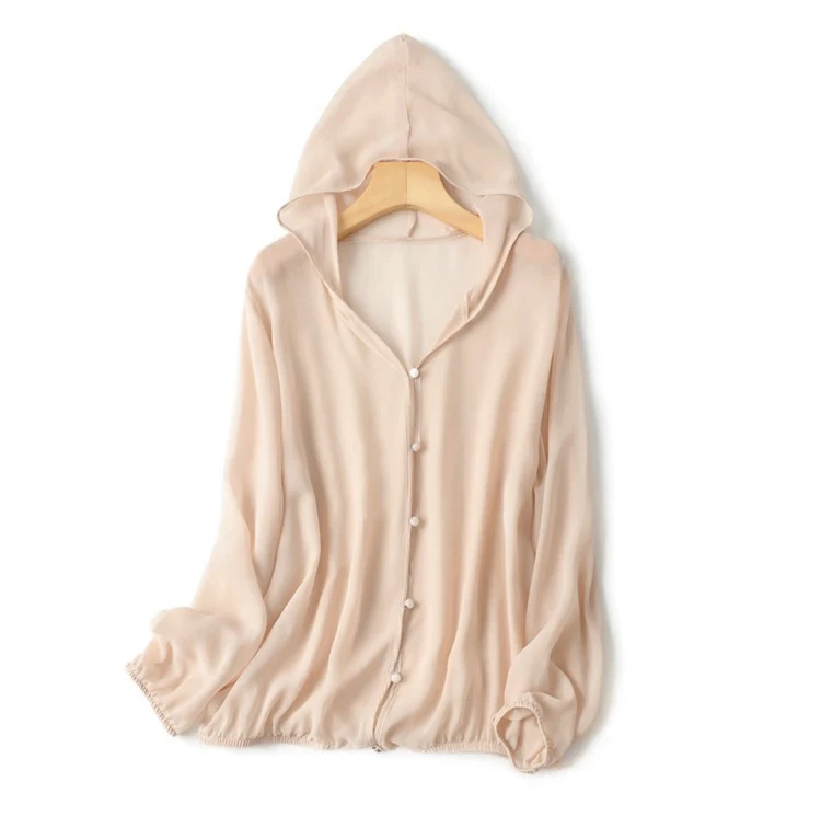 100满分桑蚕丝开衫女外套长袖时尚百搭夏季纯色连帽防晒衣