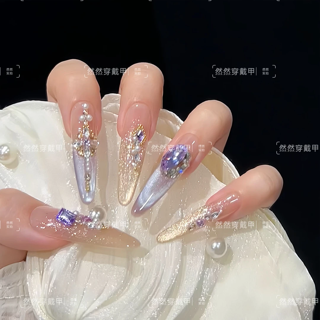 【紫精灵】纯手工穿戴甲精致显白高级婚甲气质大钻猫眼美甲