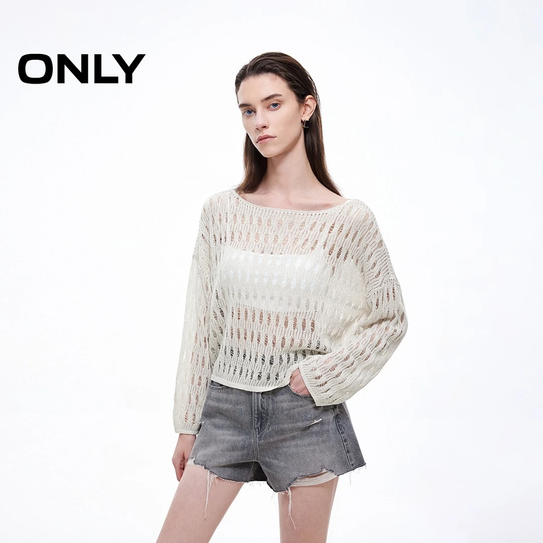 ONLY秋季休闲落肩镂空大领口针织衫长袖女老钱风松弛感|125124016