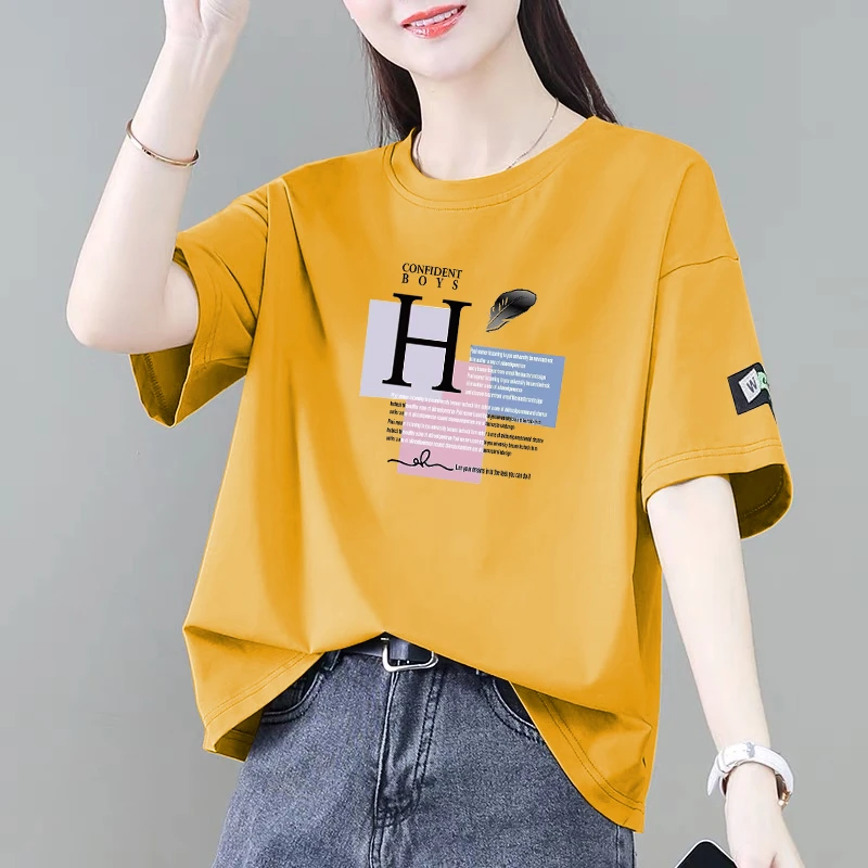 100%纯棉短袖t恤女夏季新款韩版显瘦遮肚减龄时尚百搭宽松上衣潮