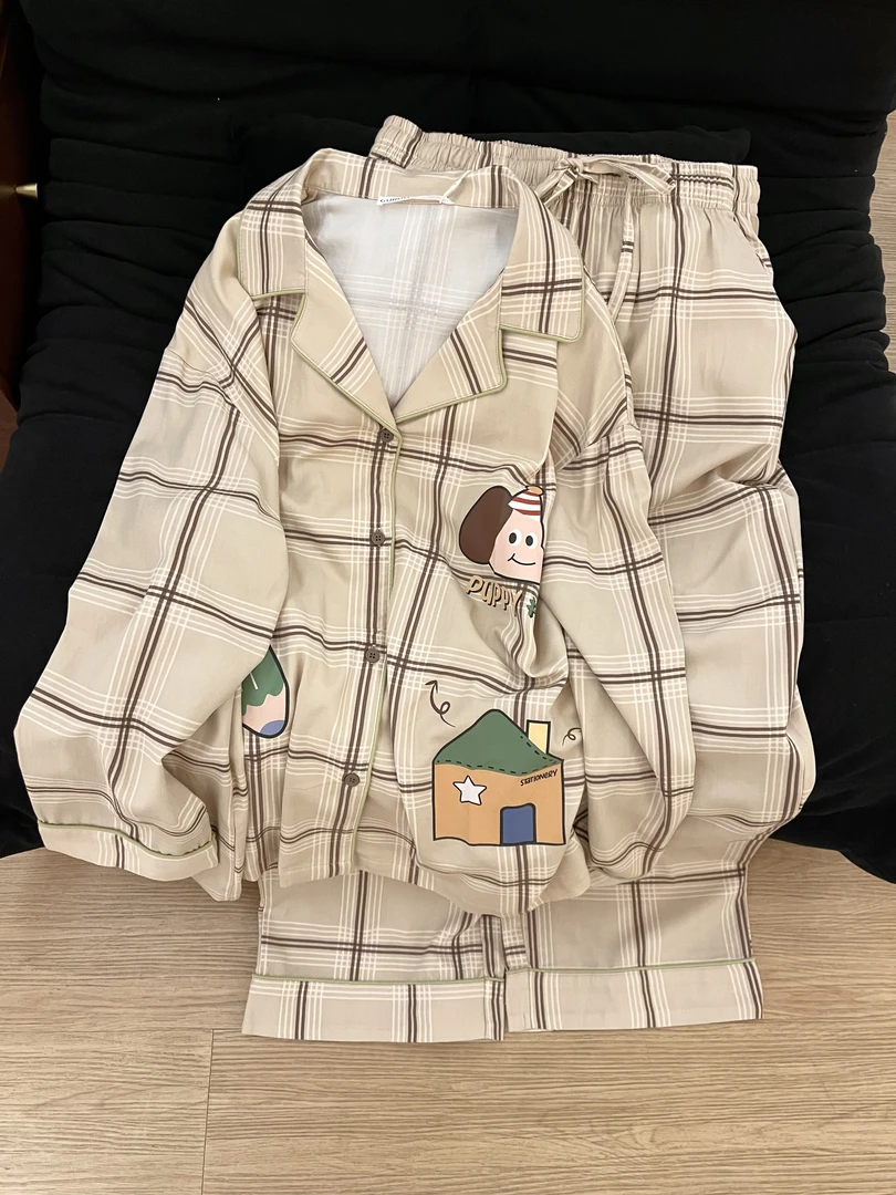 【DMXJ大梦想家】甜美可爱卡通格纹睡衣女款夏季新款长裤家居服套装