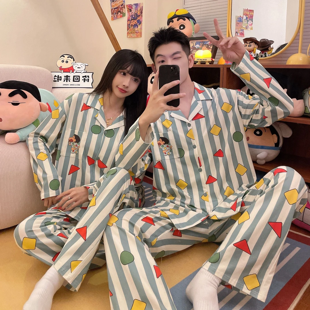 奥美诗嘉蜡笔小新联名情侣睡衣女春秋薄款卡通印花长袖纯棉家居服