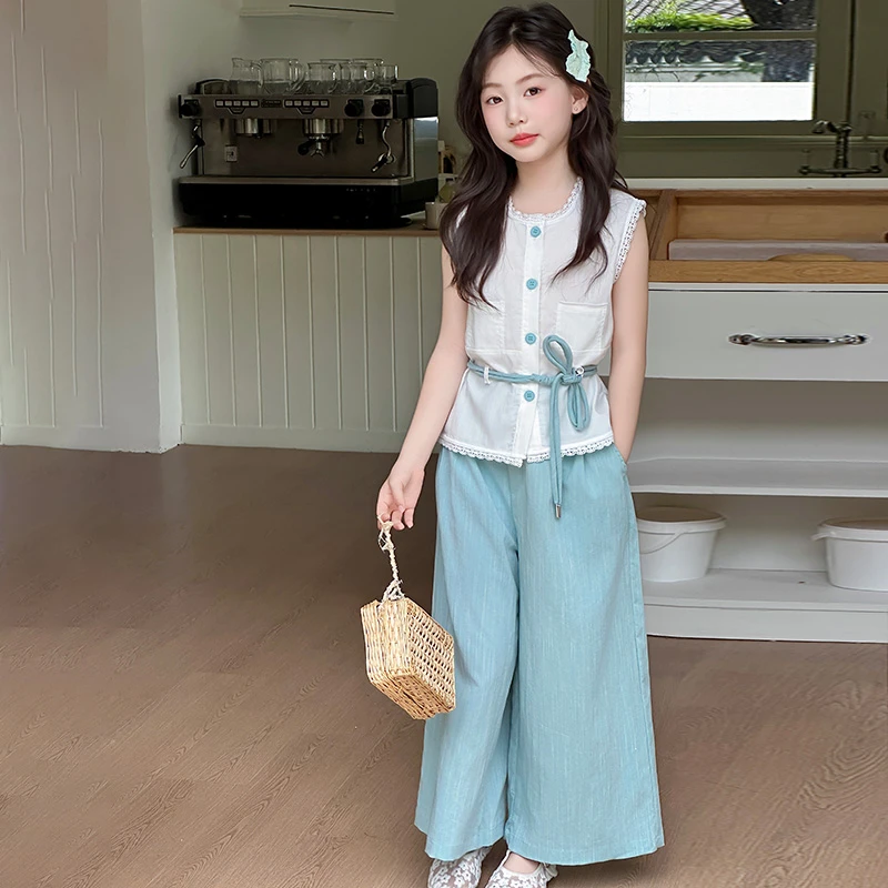 女童夏季穿搭花边无袖上衣套装女大童儿童夏装宽松阔腿裤两件套