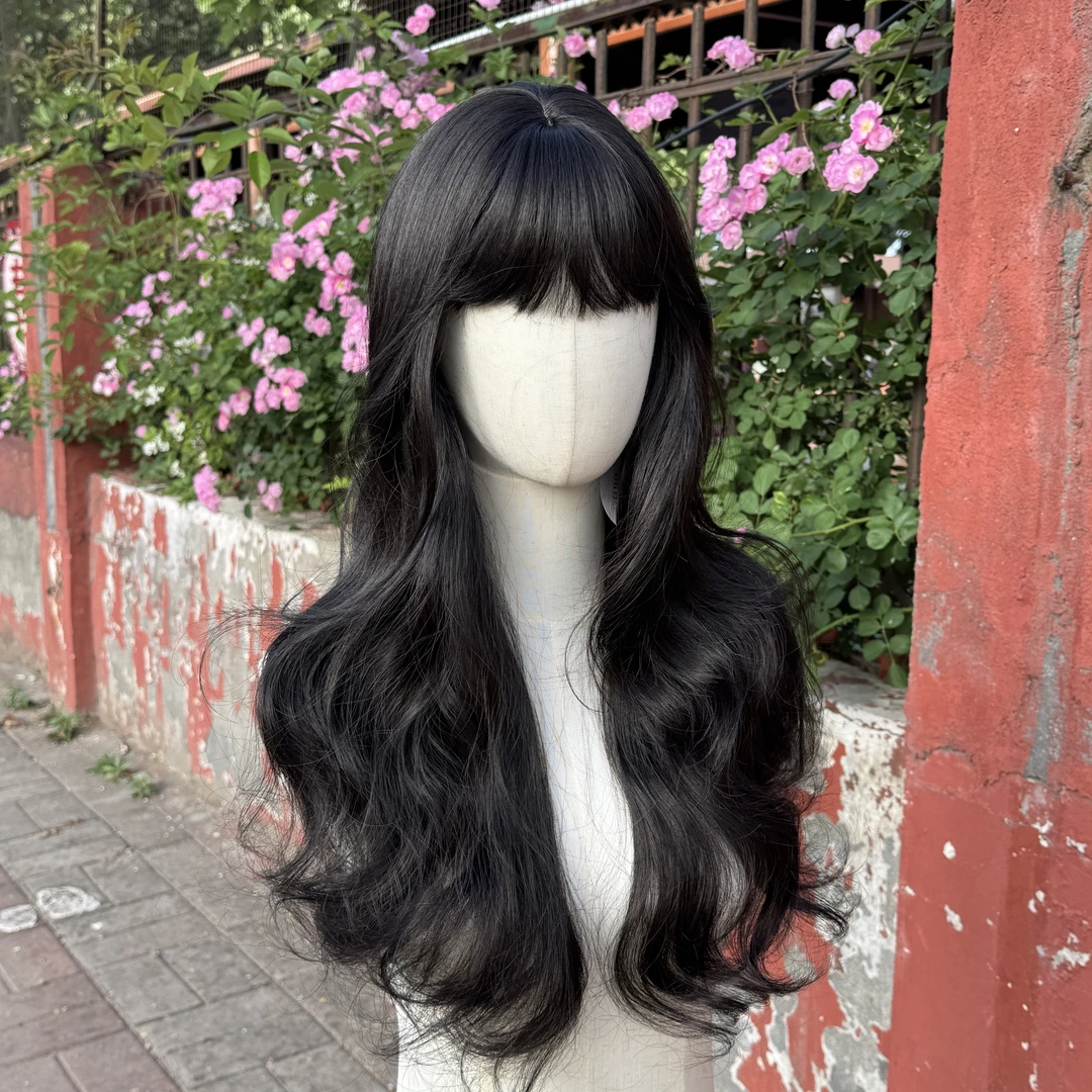 黑茶色齐刘海大波浪长卷发仿真日常女生假发全头套