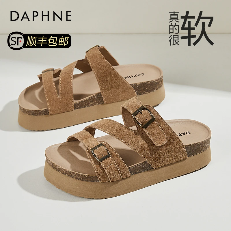 达芙妮厚底休闲勃肯凉拖鞋女2025夏季外穿平底一字拖时尚沙滩凉鞋