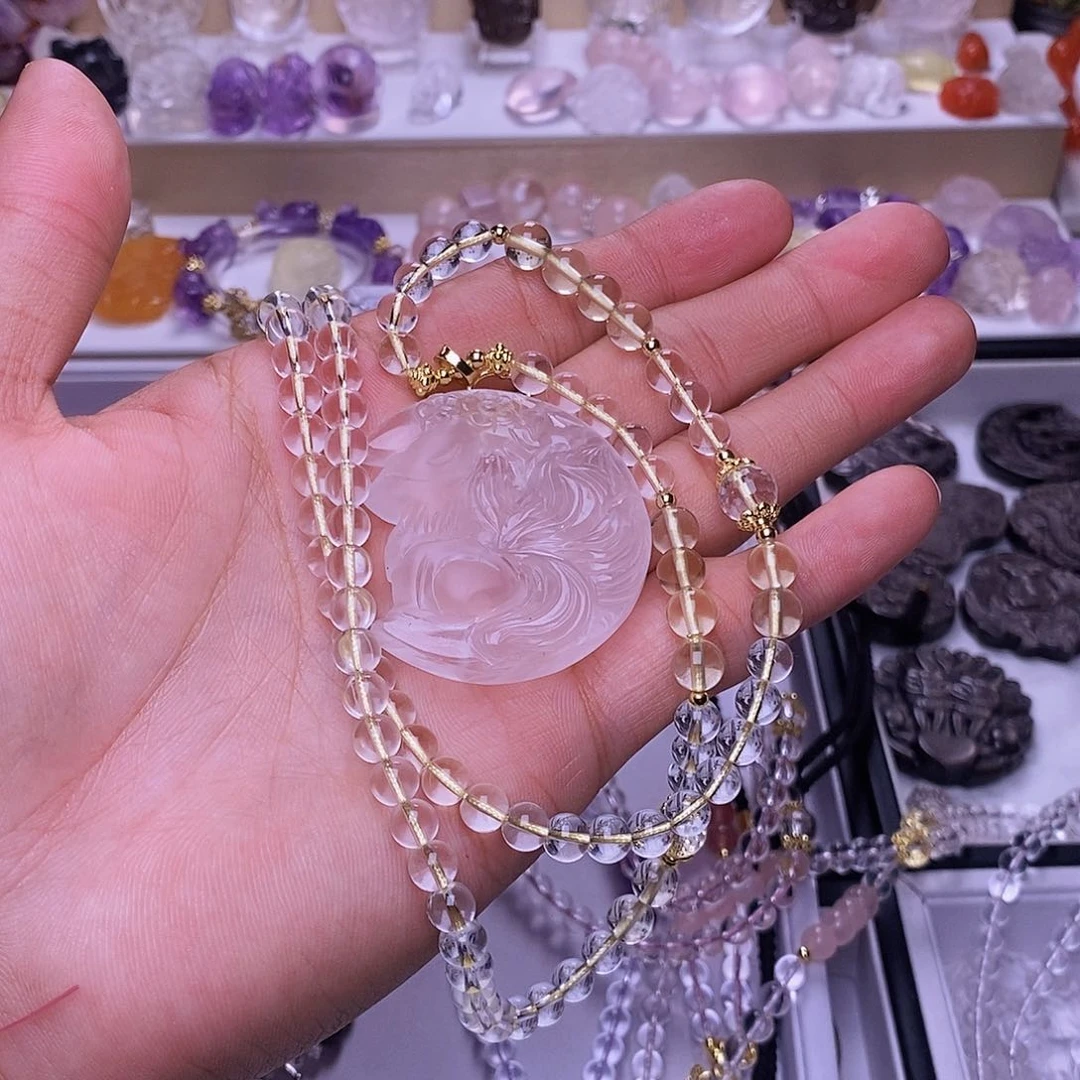 水晶颈饰未镶嵌月****?粉水晶月亮狐 送链子