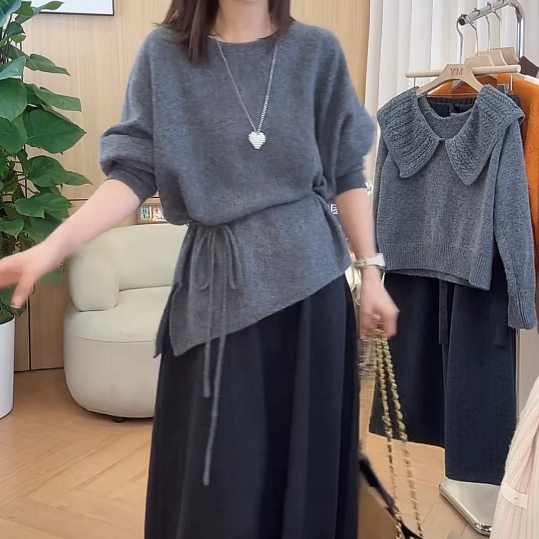 2025新款韩版百搭宽松显瘦时尚纯色下摆不规则系带针织长袖慵懒风