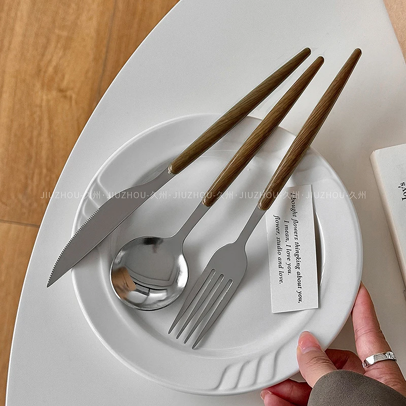 ins复古韩式木柄刀叉勺不锈钢长柄勺子圆勺高颜值精致西餐餐具