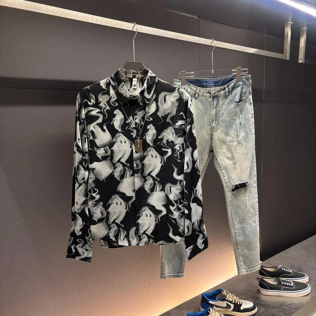 2025春夏休闲潮流时尚水波纹男士衬衫