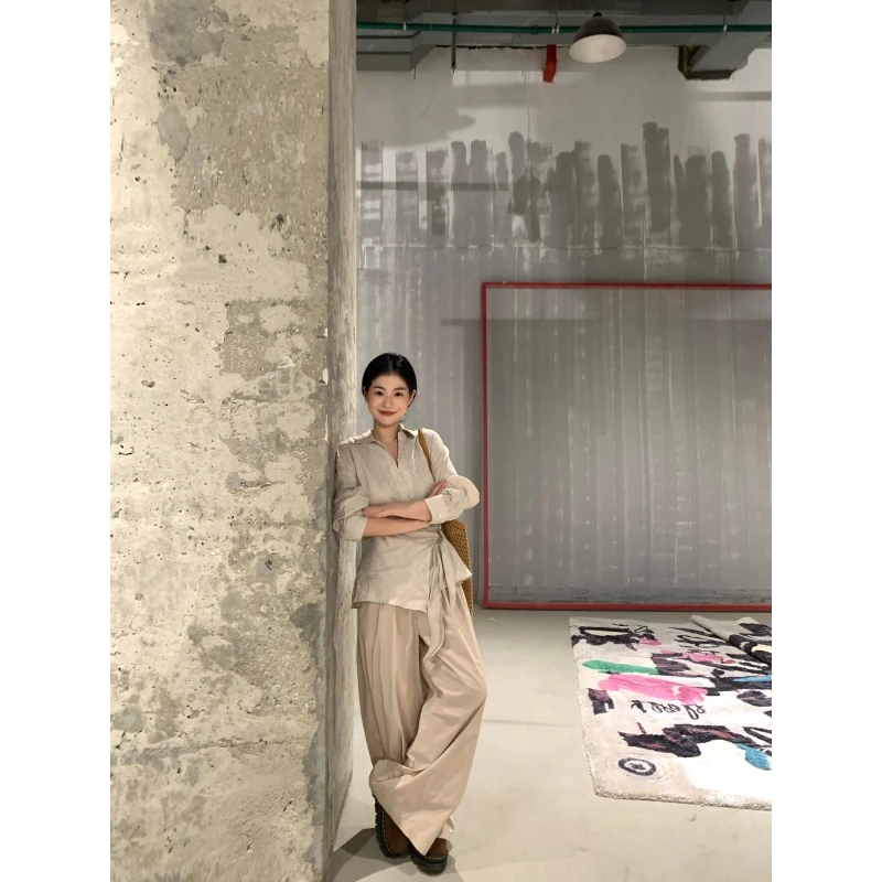 韩系松弛感宽松显瘦设计感长袖衬衫女秋季新款休闲百搭阔腿长裤潮