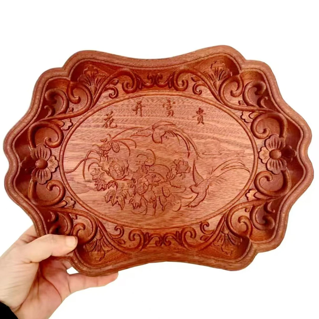 新年装零食的托盘整木雕刻花好月圆水果零食干果盘家用客厅干泡茶