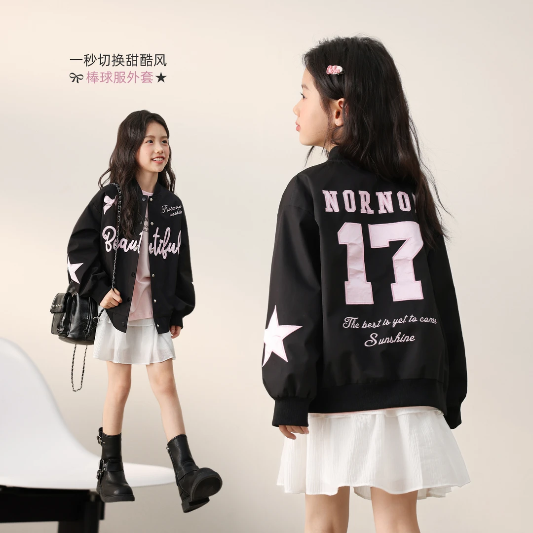 NORNOR陈大猪童装女童棒球服外套儿童秋季黑色夹克NL570097