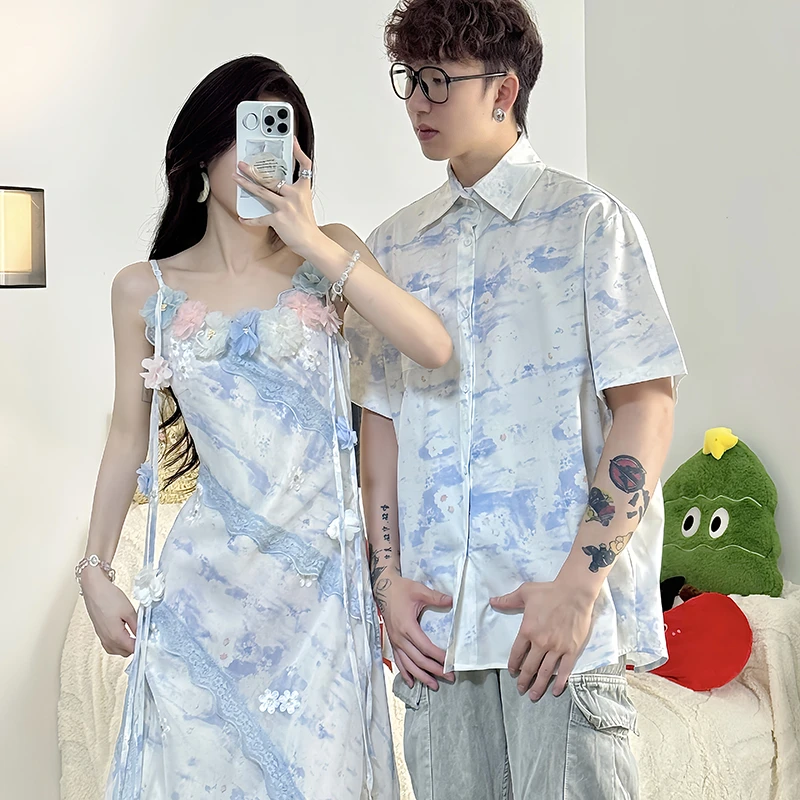 海边度假情侣装夏季花衬衫高级感花朵吊带连衣裙气质长裙一裙一衣