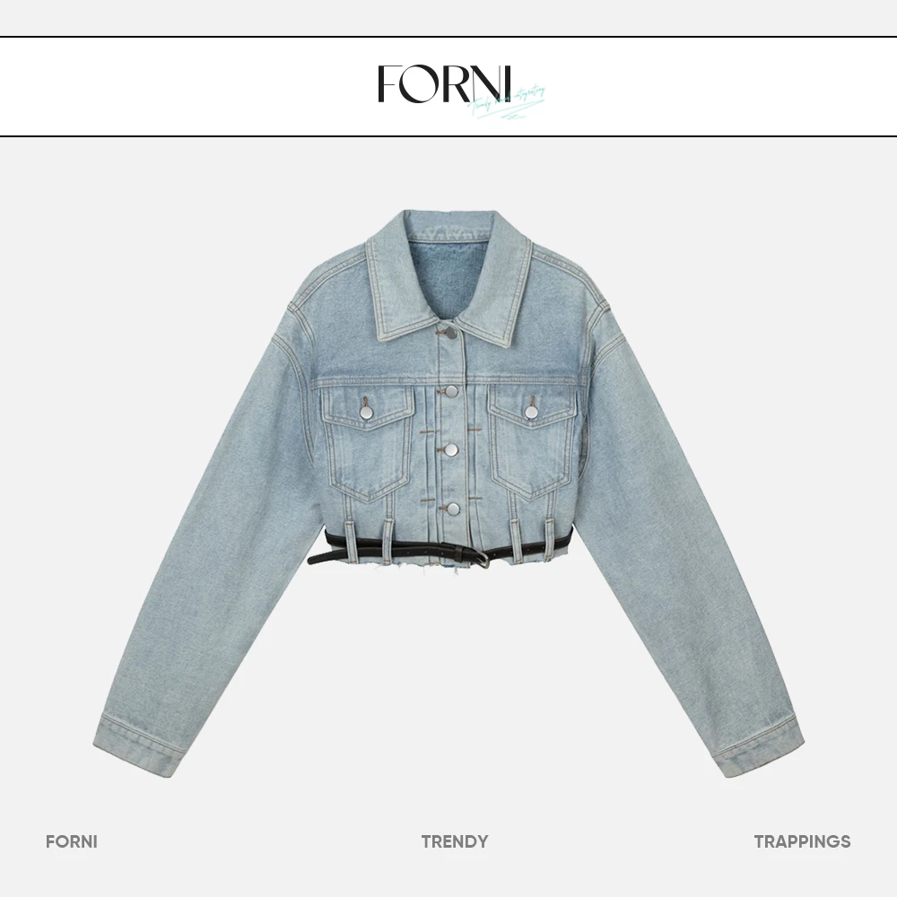 FORNI x YOYO 秋叶原辣妹 长袖短款腰带牛仔外套个性风上衣女外套
