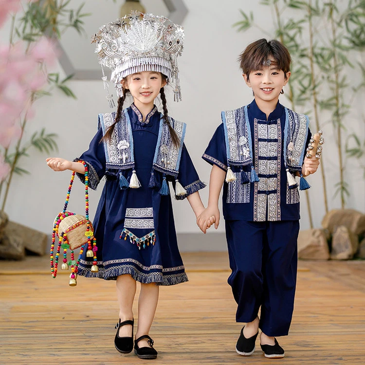 儿童少数民族壮族夏季服装苗族幼儿园兄妹装男女童古风汉服演出服