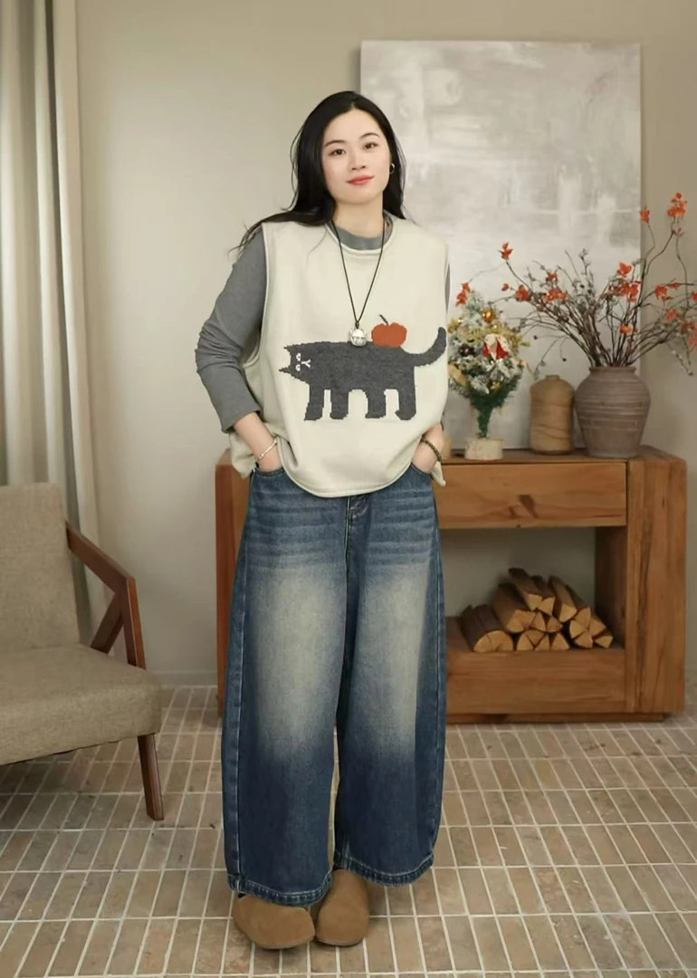 九月JIUYUE秋冬新款抓绒水洗蓝牛仔大裤脚垂感宽松九分裤女 88056