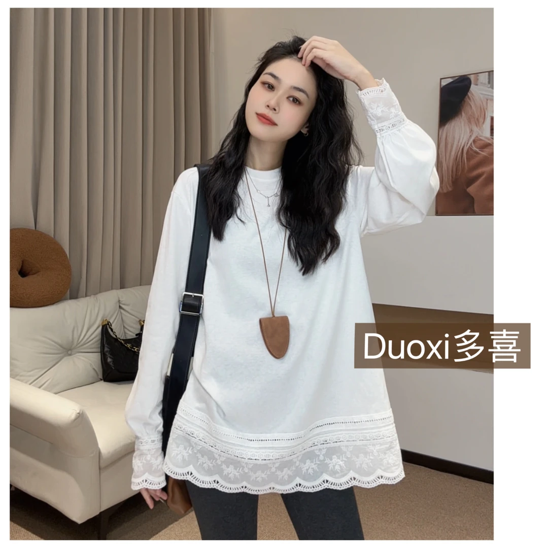 【Duoxi】"花边"秋冬新款雪花棉长袖圆领上衣宽松T恤G501#