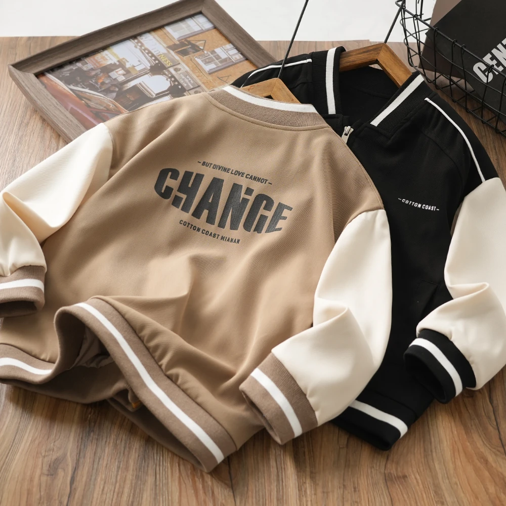 儿童春秋新款字母印花撞色棒球服外套男童中大童休闲长袖拉链衫