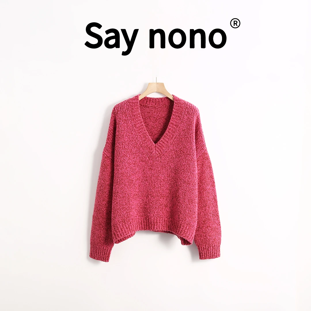 懒猫nono│Saynono V领花纱针织衫宽松休闲套头上衣 /LPQQYM38133